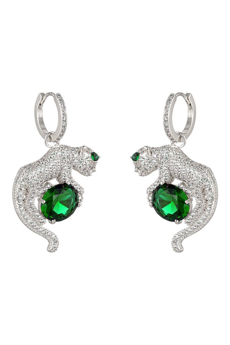 Daria Leopard Green Cubic Zirconia Drop Earrings, Main, color, SILVER