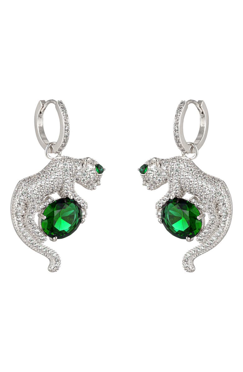 EYE CANDY LOS ANGELES Daria Leopard Green Cubic Zirconia Drop Earrings, Main, color, Silver