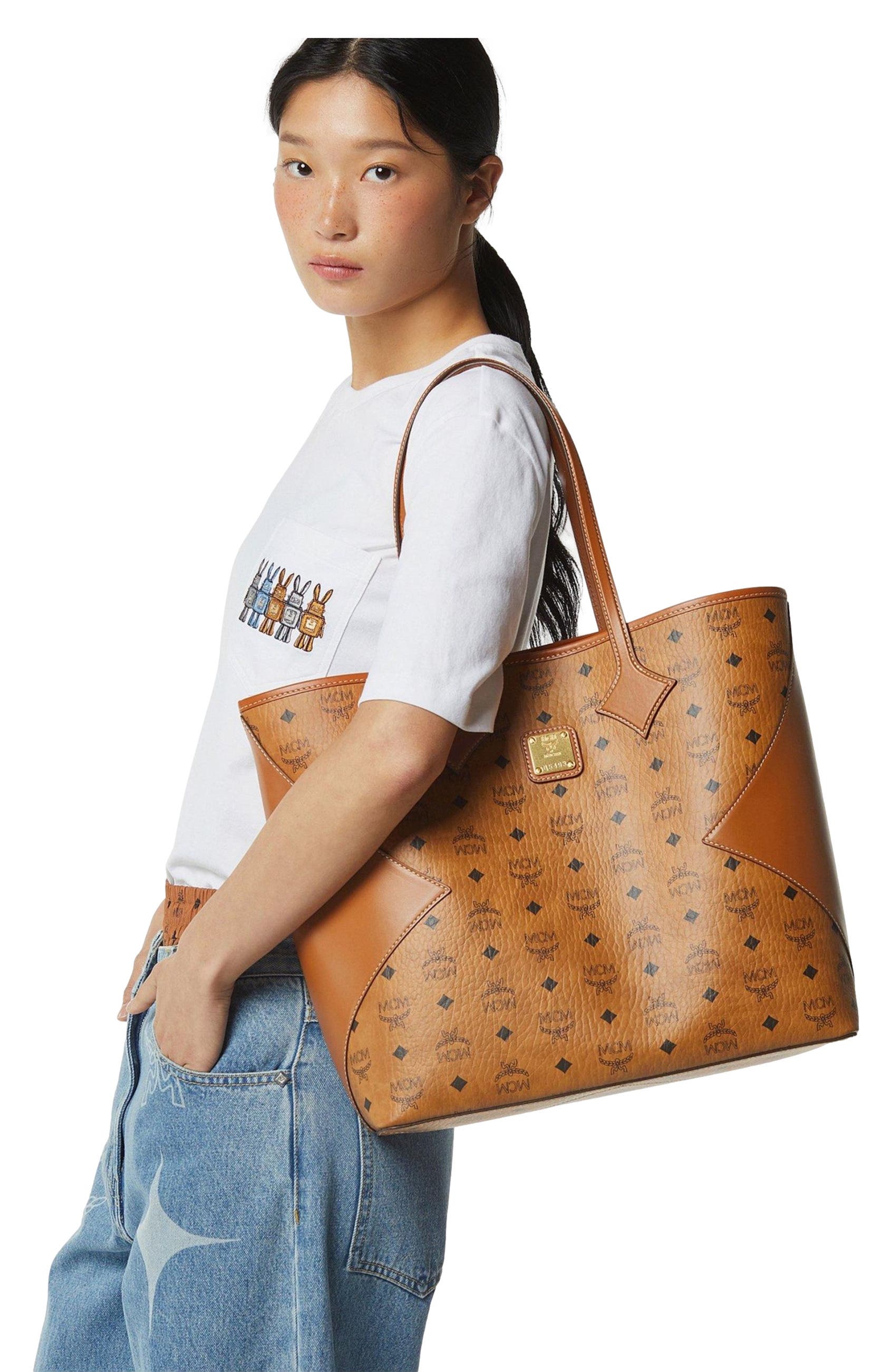 MCM Large Dia Shopper in Visetos Leather Mix, Alternate, color, Cognac