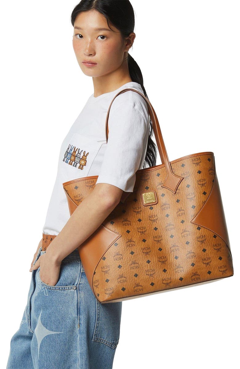 MCM Large Dia Shopper in Visetos Leather Mix, Alternate, color, Cognac