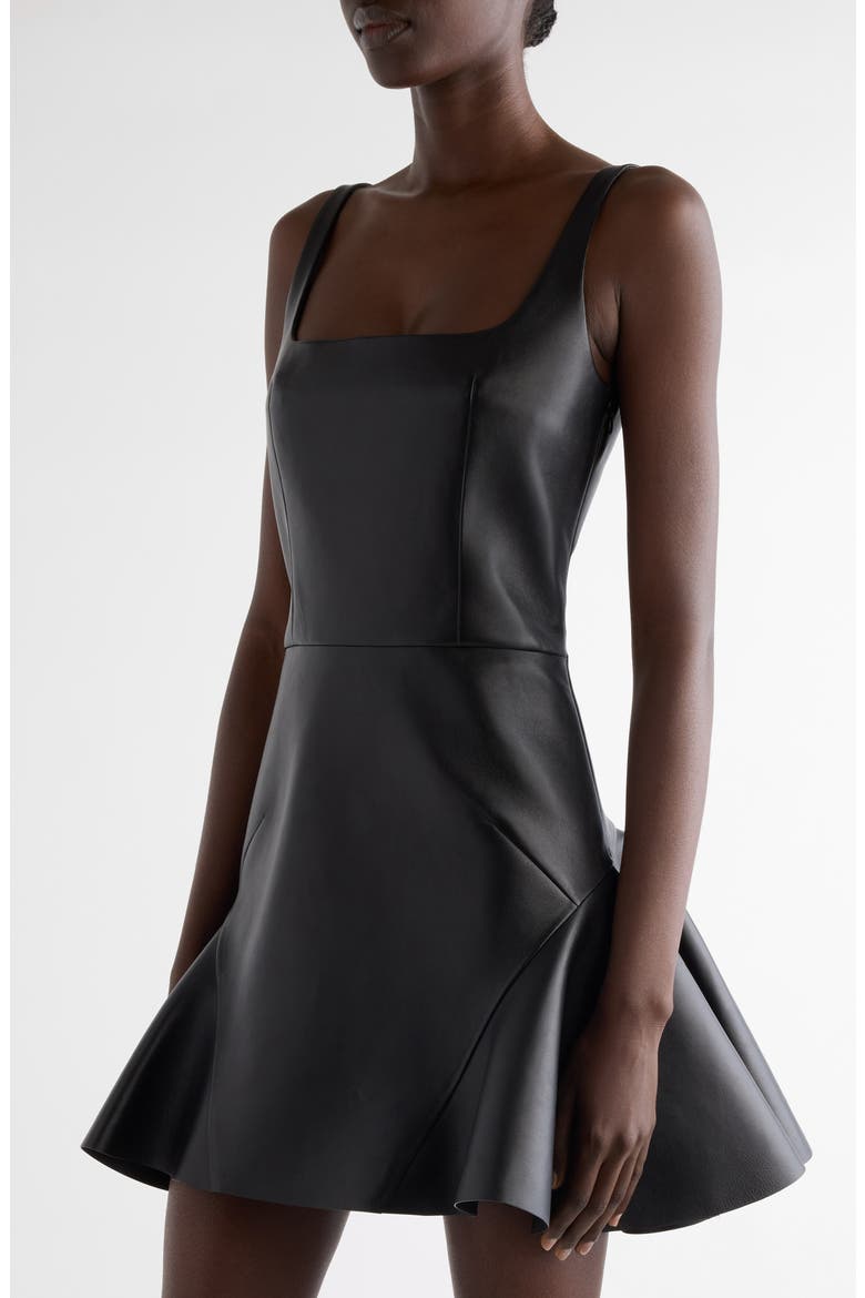Fluted Leather Fit & Flare Minidress, Alternate, color, BLACK
