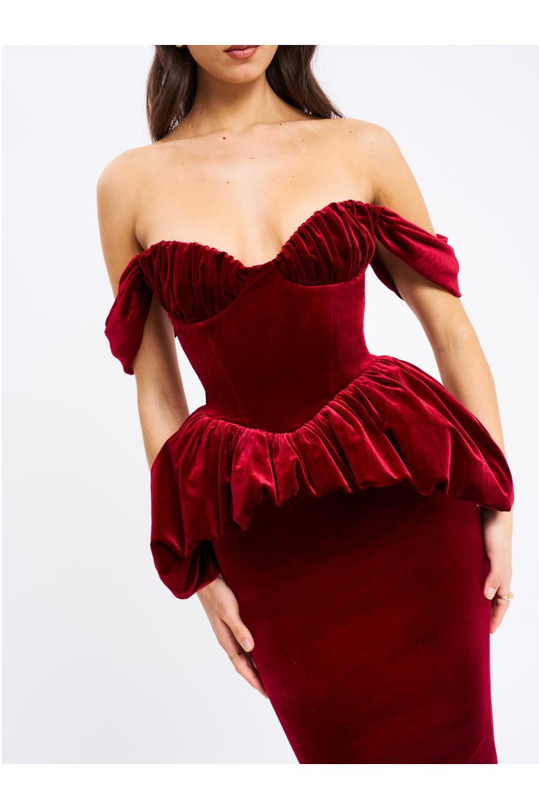 Abigail Velvet Off Shoulder Bubble Hem Peplum Maxi Dress, Alternate, color, Red