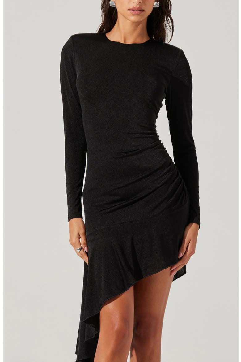 Metallic Long Sleeve Asymmetric Hem Minidress, Alternate, color, BLACK