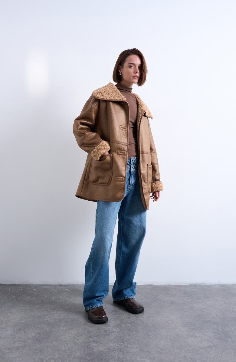 Topshop Patch Pocket Faux Shearling Coat, Main, color, Tan