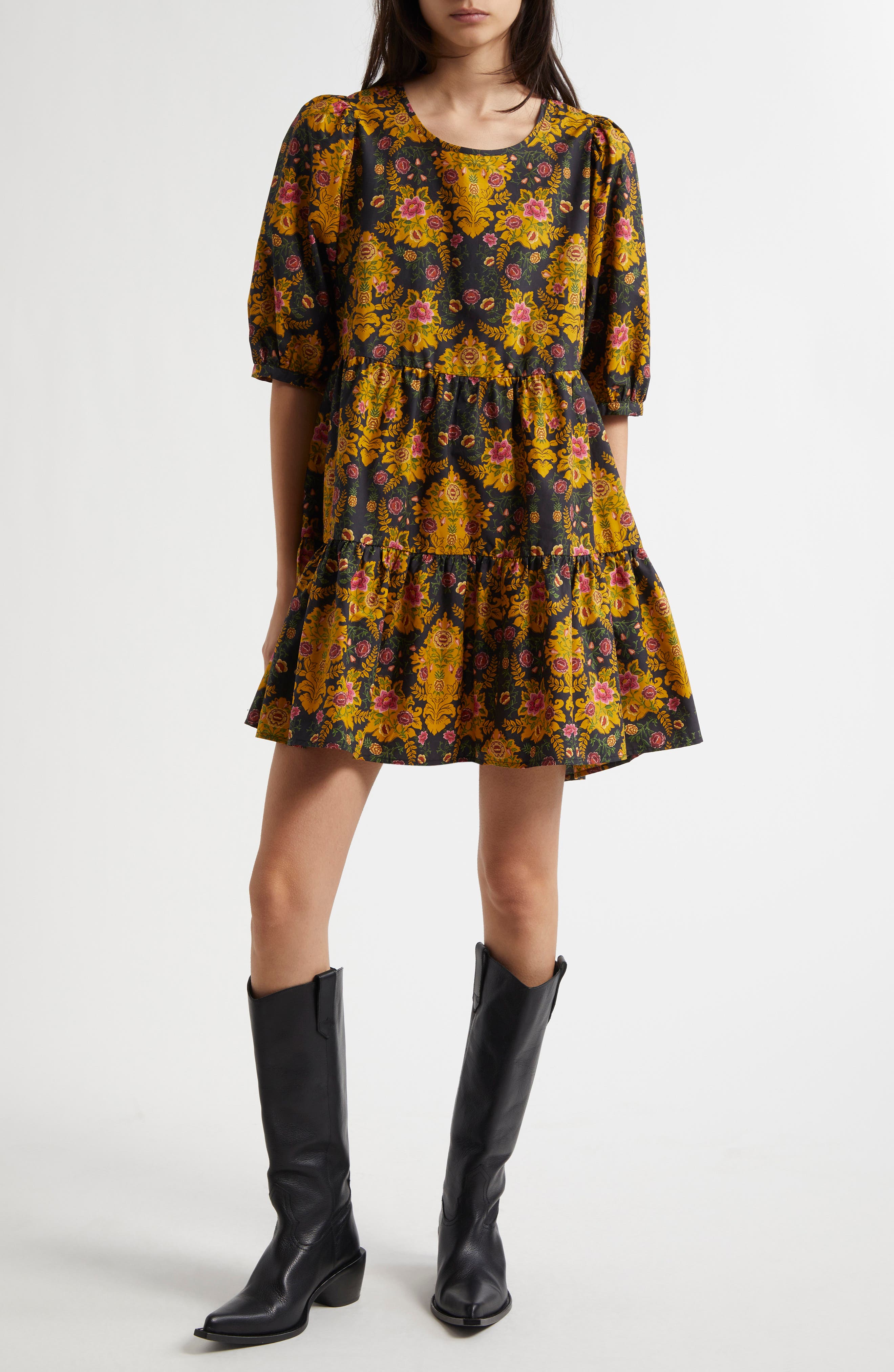 black arabesque floral puff sleeve mini dress Black/Brown Floral Jacquard Puff Sleeve Back Bow Mini Dress