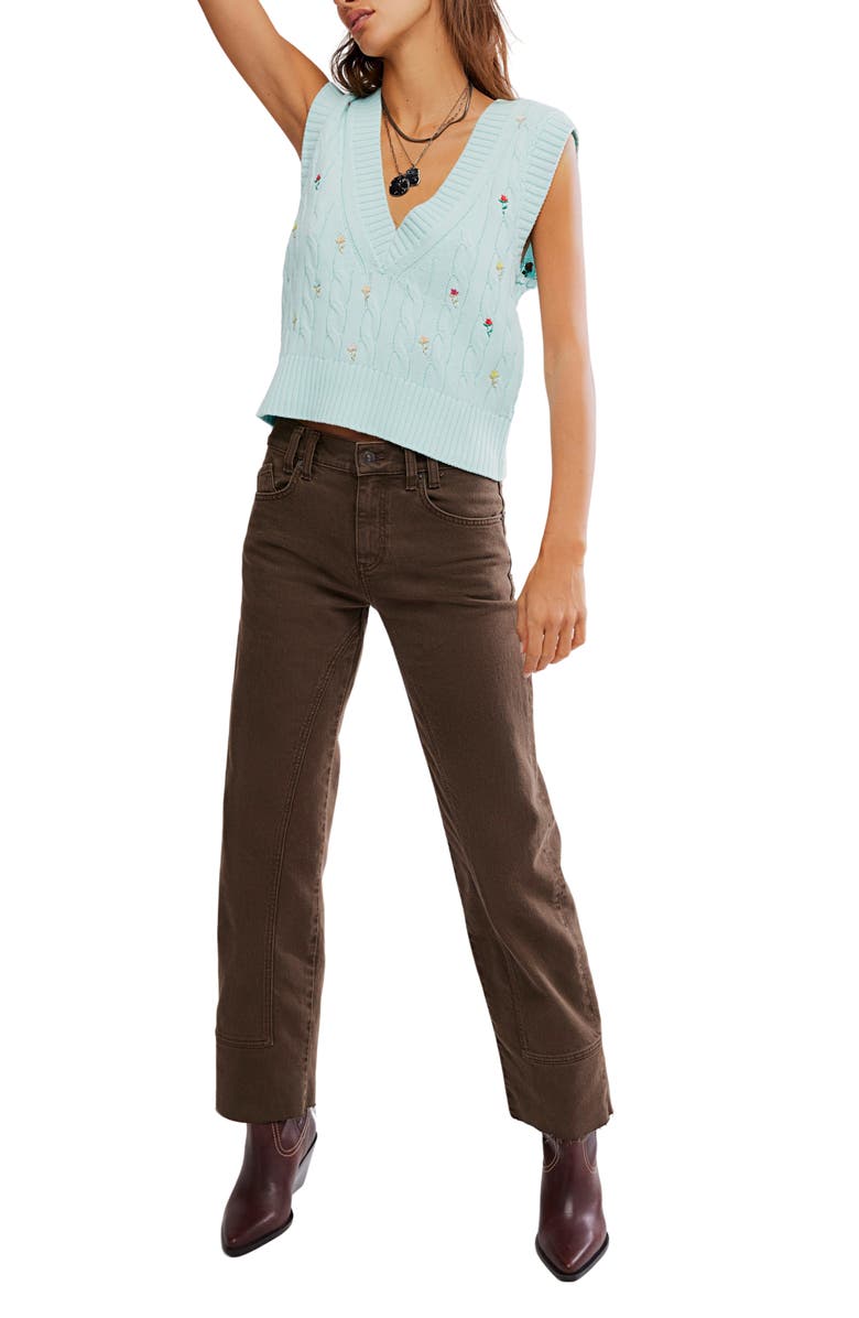 Free People Plumeria Floral Embroidered Cable Stitch Vest, Alternate, color, Blue Glass Combo