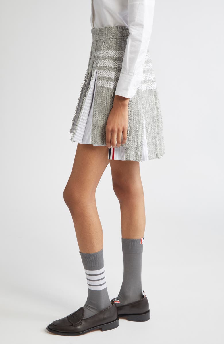 Thom Browne 4-Bar Pleated Tweed Miniskirt, Alternate, color, Medium Grey