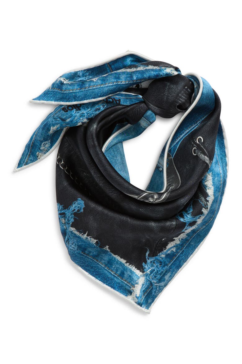 Trompe l'Oeil Silk Triangle Scarf, Alternate, color, BLACK/ BLUE