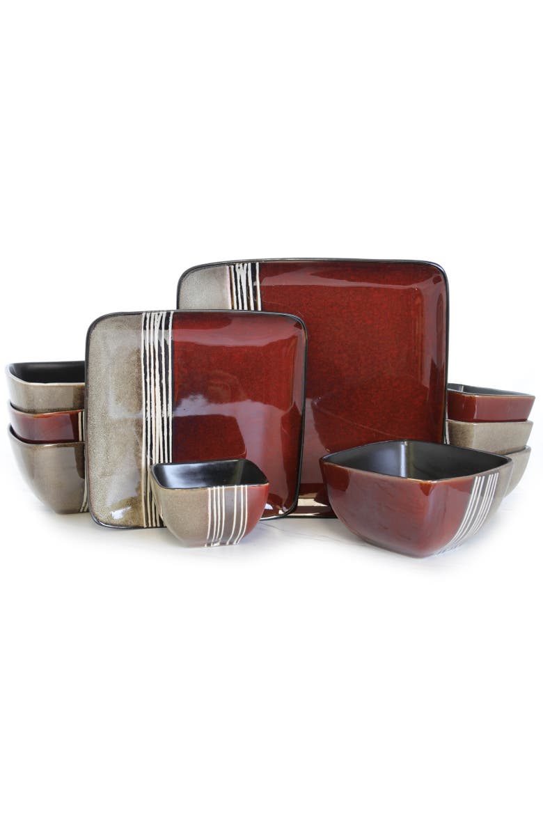 Elama Downtown Loft 16 Piece Double Bowl Stoneware Dinnerware Set with Service for 4, Main, color, Red