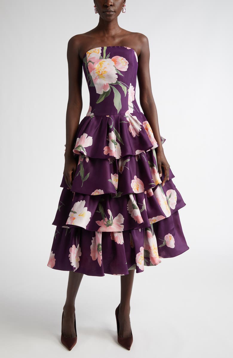 Carolina Herrera Floral Print Strapless Ruffle Midi Dress, Main, color,