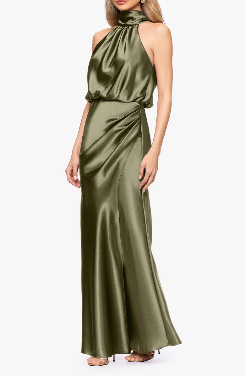Betsy & Adam Halter Charmeuse Gown, Alternate, color, Olive