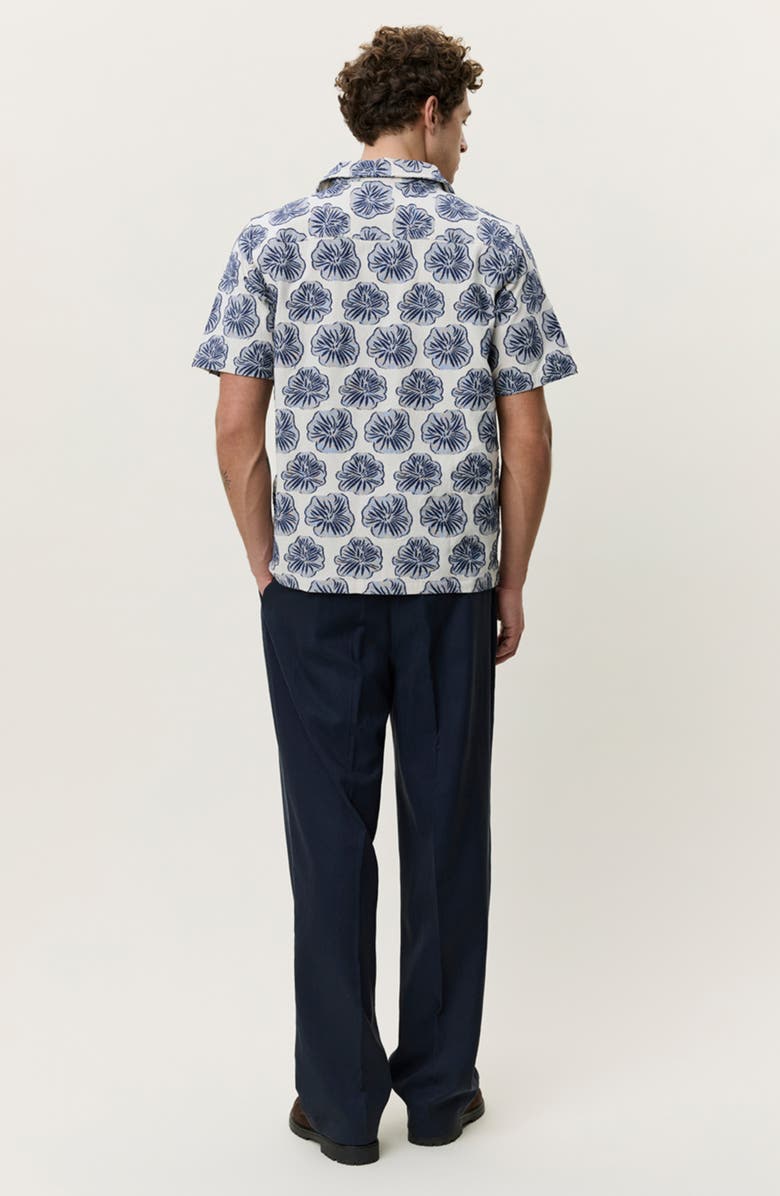 Les Deux Dahlia Floral Jacquard Cotton & Linen Blend Camp Shirt, Alternate, color, Dark Denim Blue
