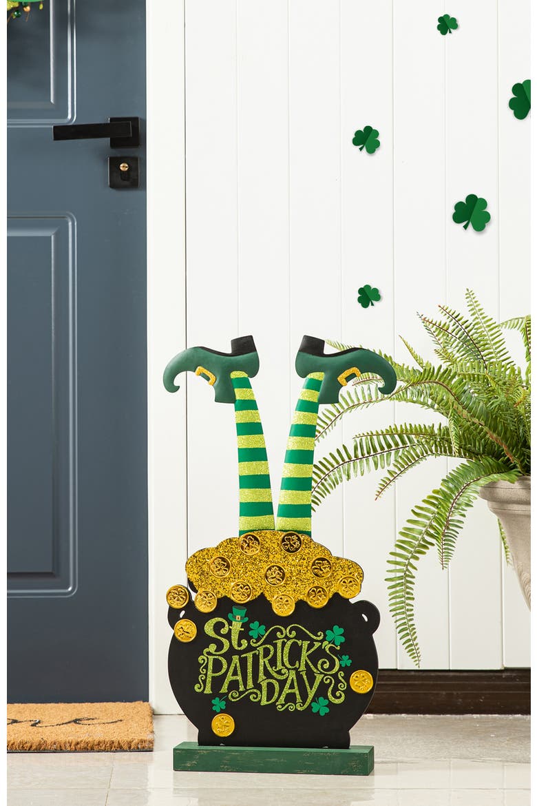 Wooden St. Patrick's Leprechaun Pot of Gold Porch Decor, Alternate, color, Green