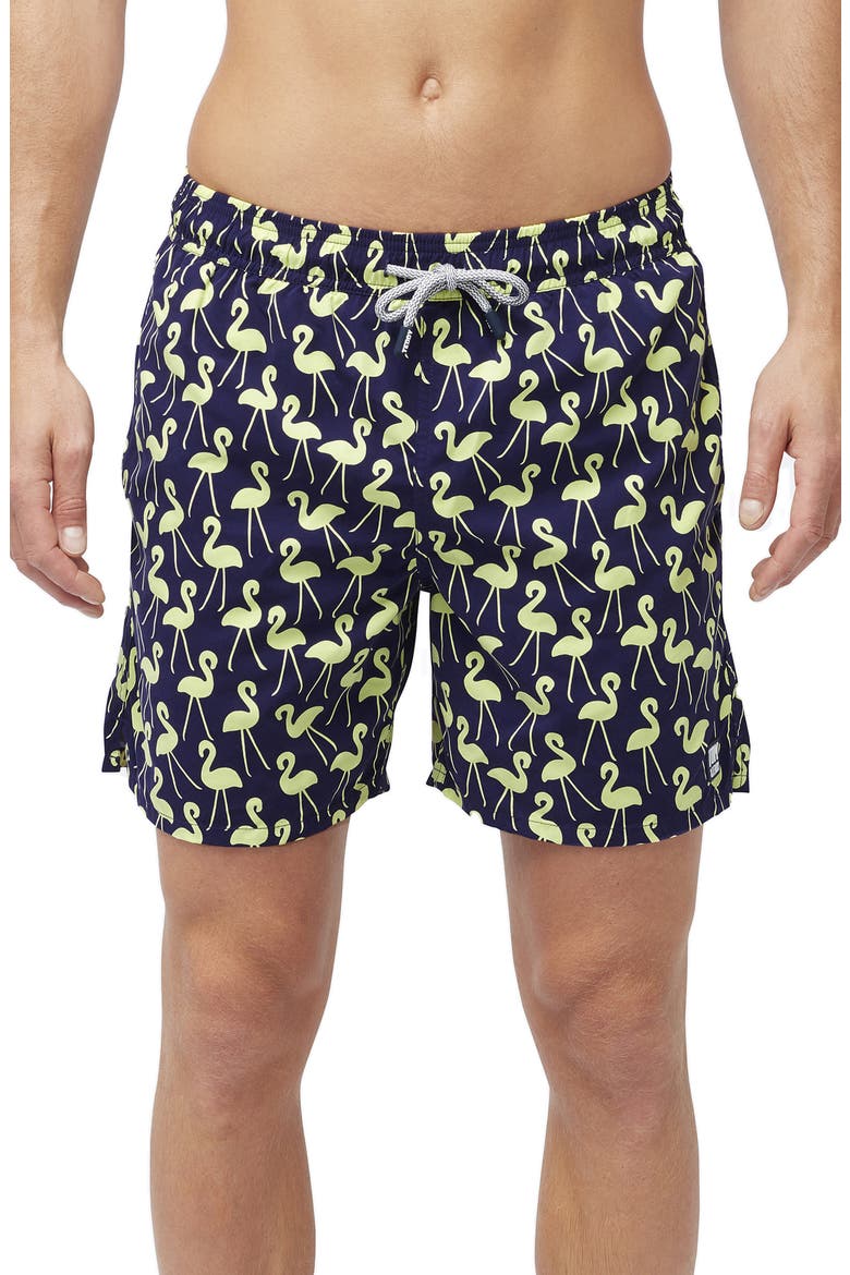 Flamingo Print Swim Trunks, Main, color, DARK BLUE AND YELLOW