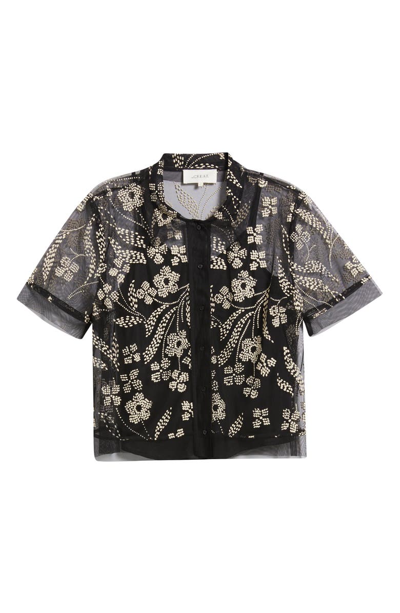 THE GREAT. The Cotillion Embroidered Tulle Short Sleeve Button-Up Shirt, Alternate, color, Brocade Floral