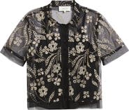 THE GREAT. The Cotillion Embroidered Tulle Short Sleeve Button-Up Shirt