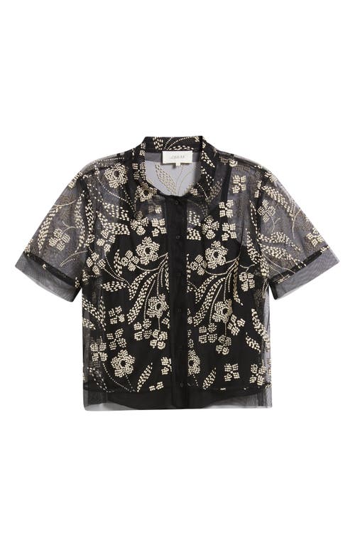 The Great . The Cotillion Embroidered Tulle Short Sleeve Button-up Shirt In Black