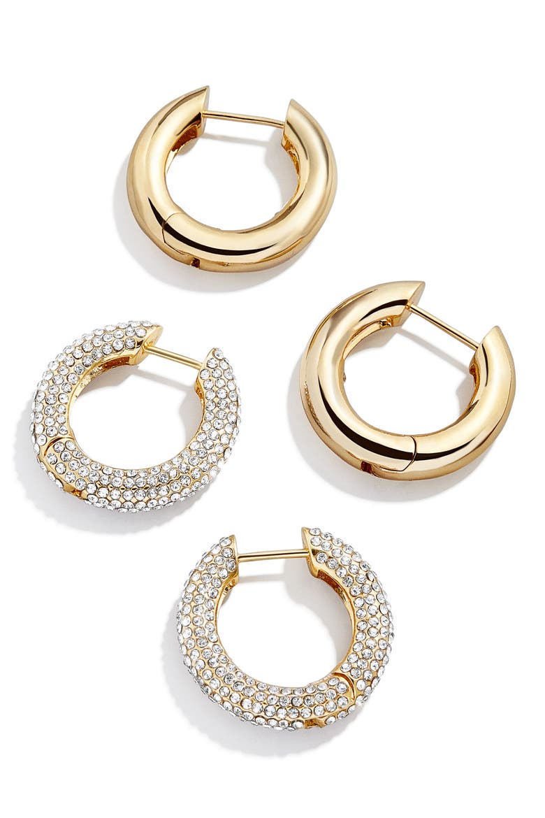 Set of 2 Polished & Pavé Hoop Earrings, Main, color, GOLD