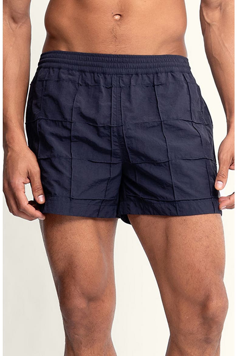 Sebastian Grid Pintuck 4-Inch Nylon Swim Trunks, Main, color, STORM/ DARK BLUE