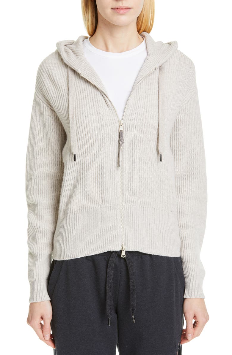 Brunello Cucinelli English Rib Cashmere Hooded Sweater, Main, color, 