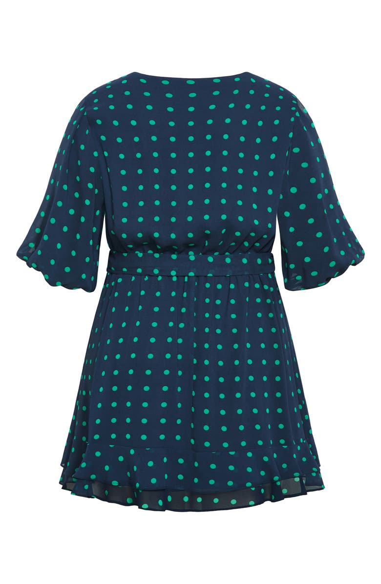 City Chic Lavender Puff Sleeve Faux Wrap Dress, Alternate, color, Navy/ Green Dot