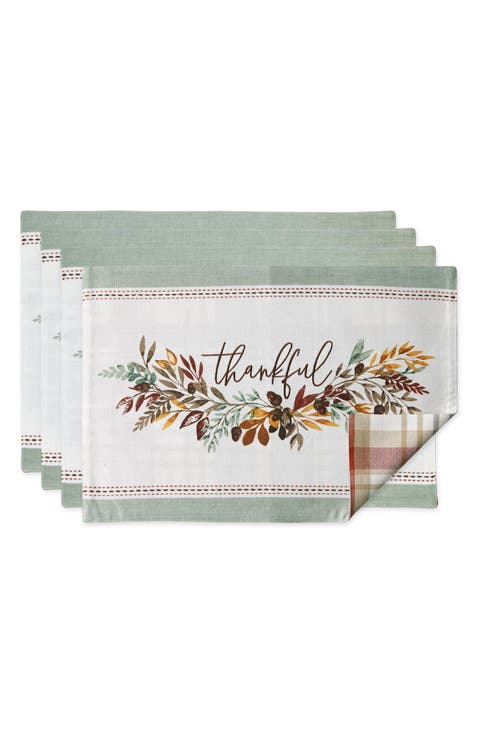 Set of 4 Thankful Reversible Embroidered Cotton Placemats