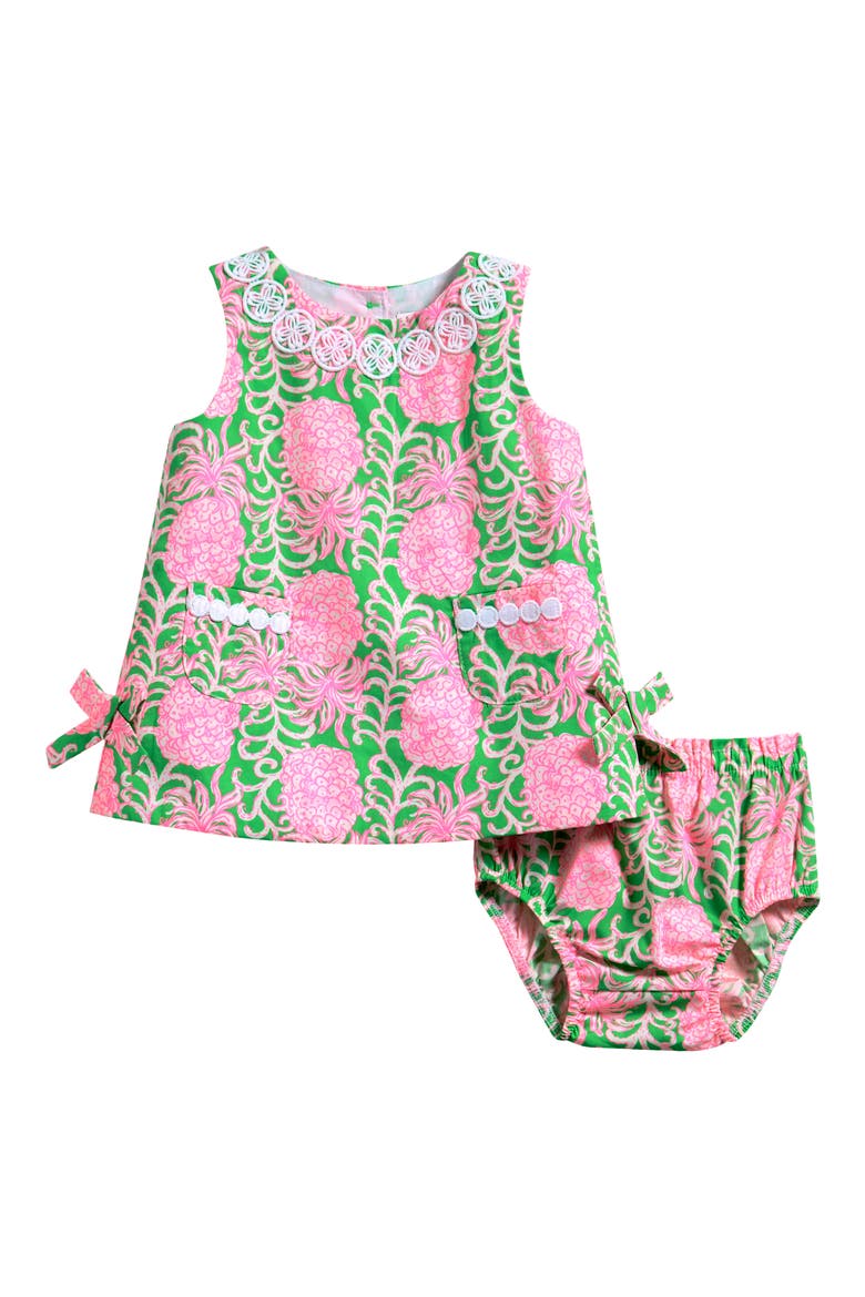 Baby Lilly Cotton Shift Dress with Bloomers, Main, color, FAUNA GREEN PINEAPPLE