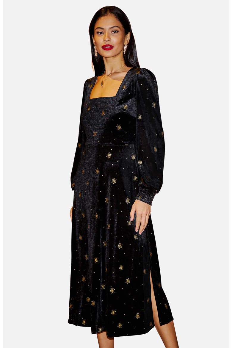Foil Print Velvet Midi Dress, Main, color, Black