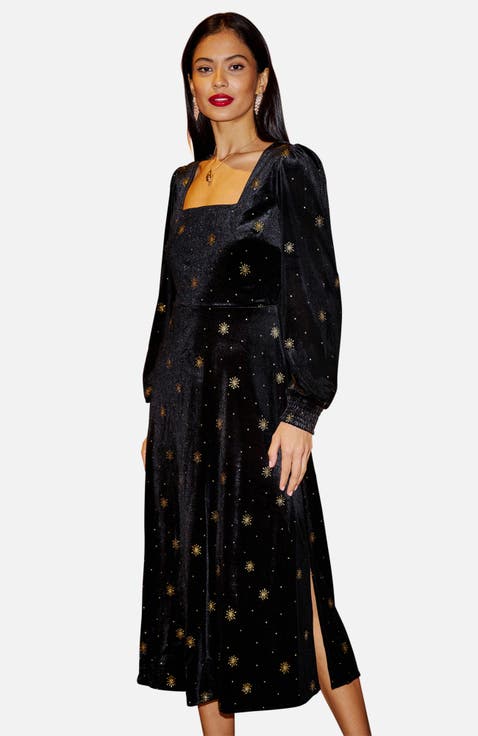 Foil Print Velvet Midi Dress