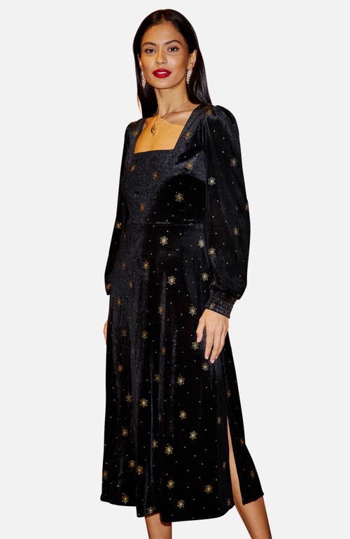 Yumi Foil Print Velvet Midi Dress In Black
