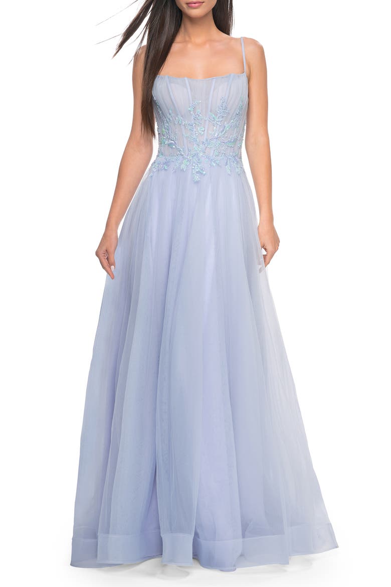 Tulle A-line Dress with Beaded Lace Waist and Square Neckline, Alternate, color, Light Periwinkle