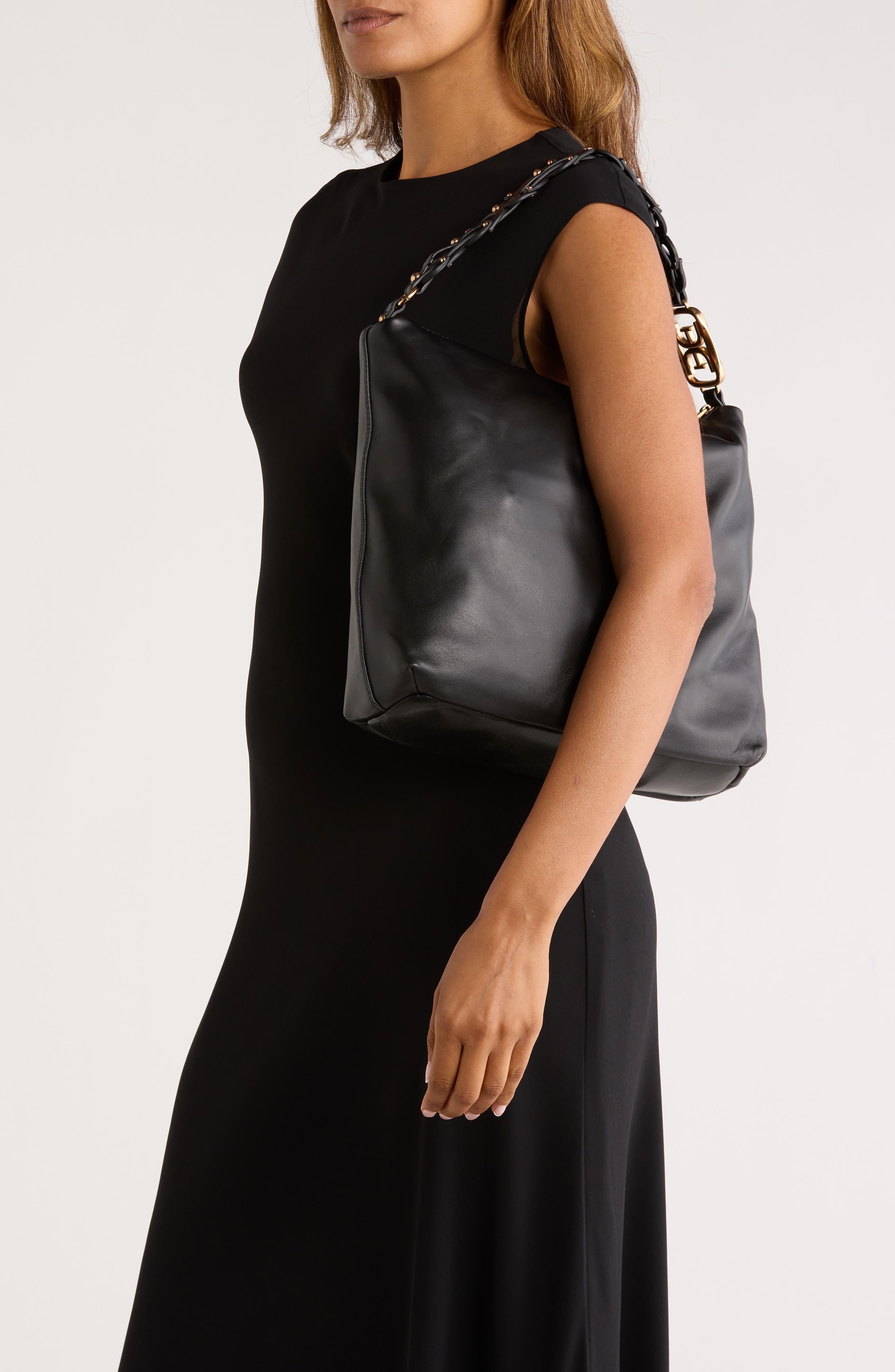 Sam Edelman Marilyn Chain Link Leather Shoulder Bag, Alternate, color, Black