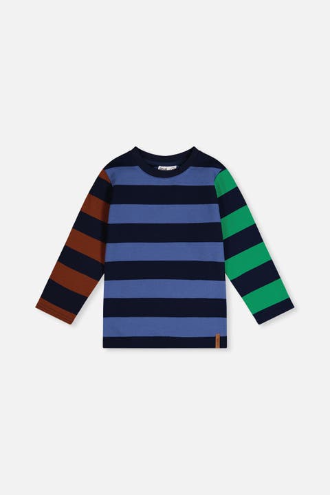 Cotton Large Striped Long Contrasting Sleeve T-Shirt