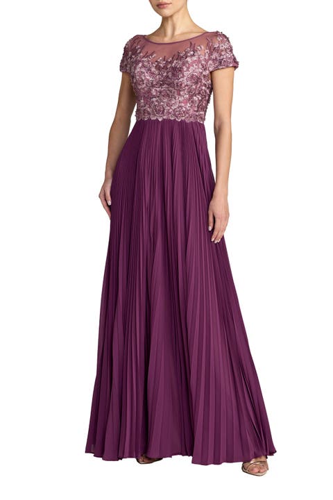 Petite Embroidered Cap Sleeve Pleated Gown