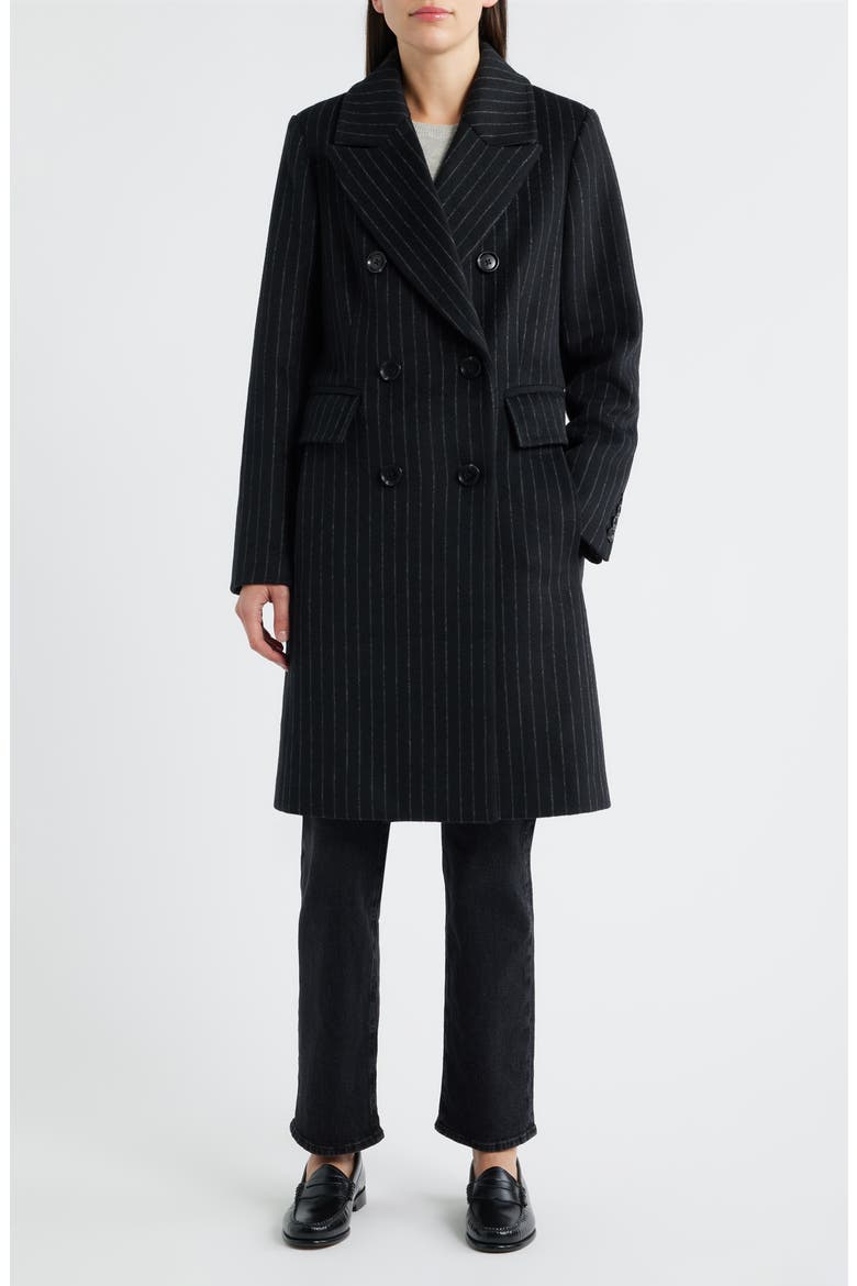 Heritage Pinstripe Double Breasted Coat, Main, color, BLACK PINSTRIPE