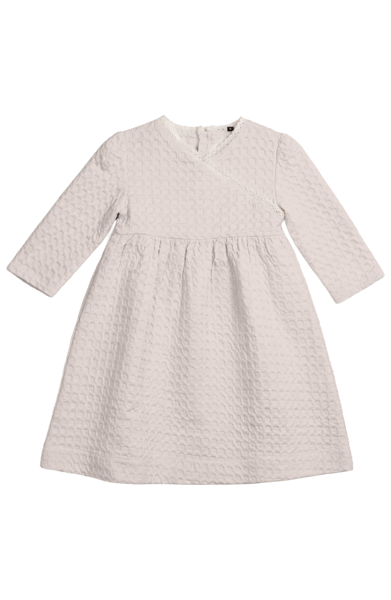 Little Fragile Girl Textured Waffle Lace Trim Shirred Waist Dress, Main, color, Vanilla
