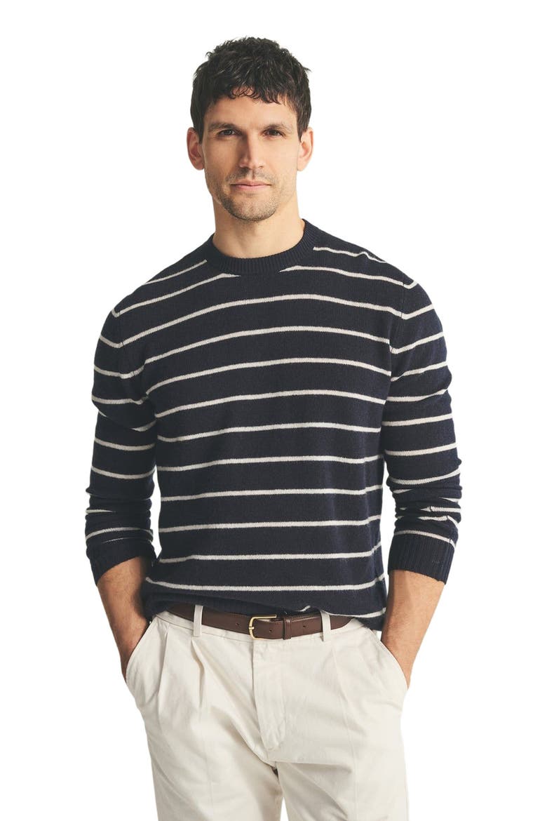 Lightweight Cashmere Striped Crewneck, Alternate, color, Navy Combo