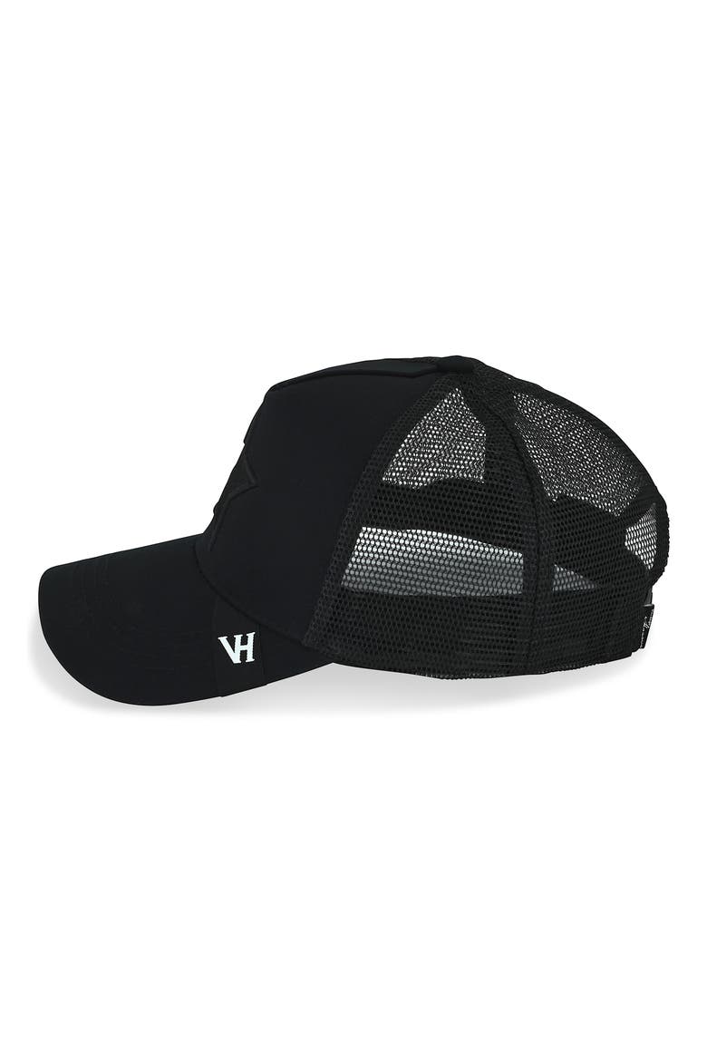 Embroidered Star Mesh Panel Trucker Hat, Alternate, color, BLACK