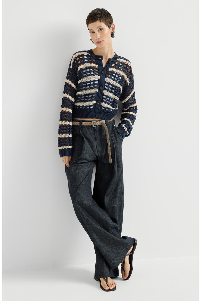 Cotton Denim-effect Twill Pleated Barrel Trousers With Monili, Alternate, color, Denim