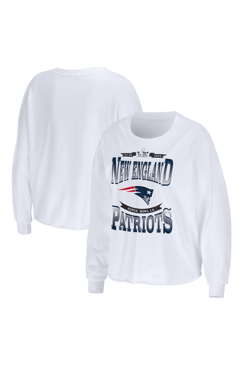 Women's WEAR by Erin Andrews  White New England Patriots Super Bowl LX Cropped Long Sleeve T-Shirt, Main, color, White