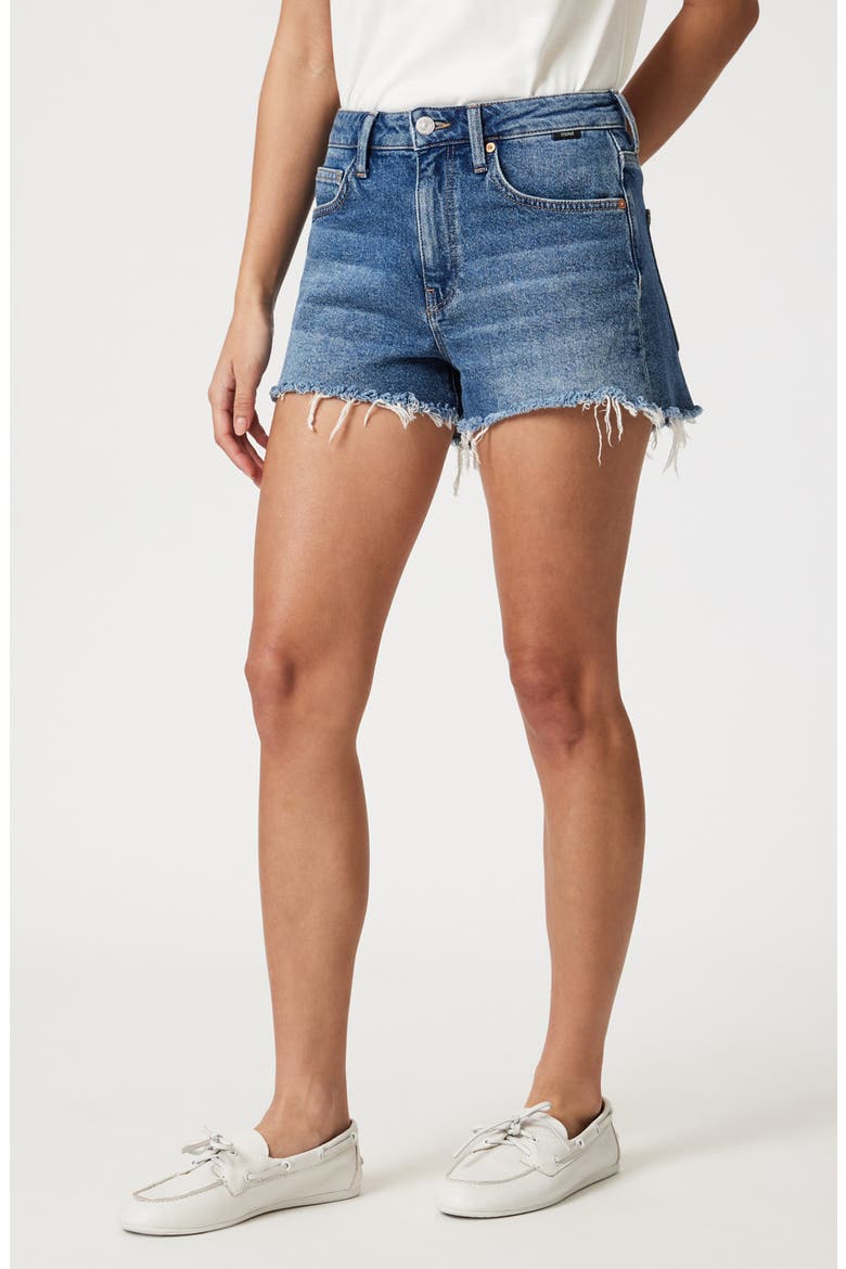 Rosie High Waist Fray Hem Cutoff Denim Shorts, Alternate, color, DARK 90S