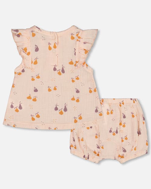 DEUX PAR DEUX DEUX PAR DEUX BABY GIRL'S PRINTED MUSLIN TOP AND BLOOMER SET PEACH WITH PEARS