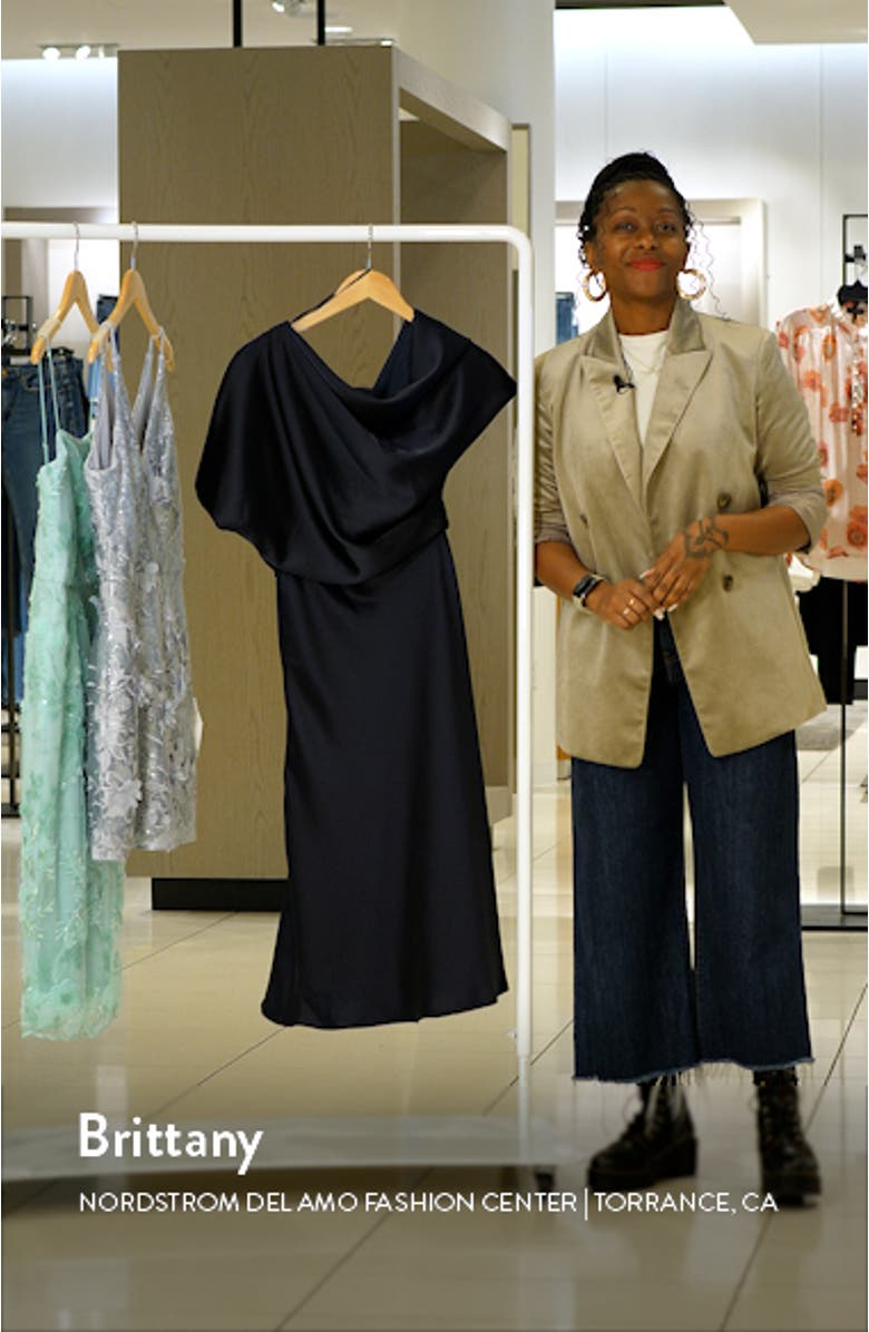 One-Shoulder Fluid Satin Cocktail Midi Dress, sales video thumbnail