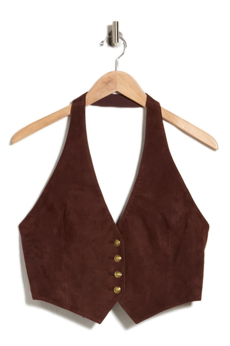 Crosby Suede Deep V Halter Vest, Main, color, DARK CHOCOLATE