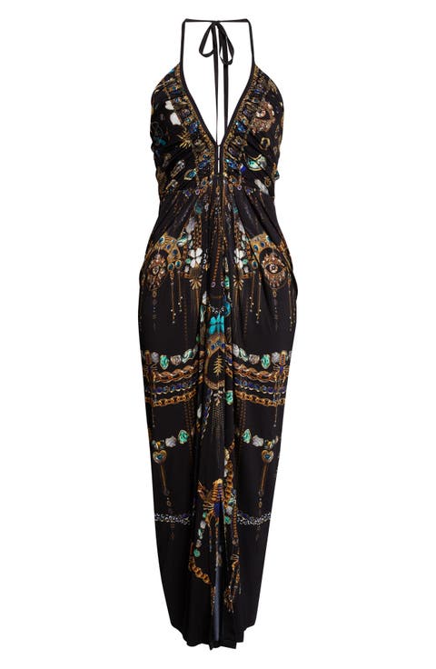 Amulets & Alchemy Print Gathered Jersey Halter Neck Dress