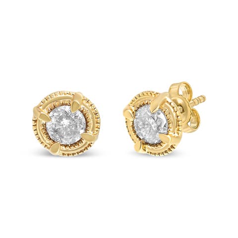14K Yellow Gold Plated Silver 1-1/2 Ct Diamond Solitaire Milgrain Stud Earrings