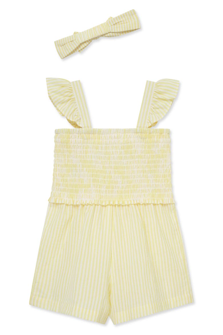 Stripe Floral Embroidered Cotton Romper & Headband Set, Alternate, color, YELLOW