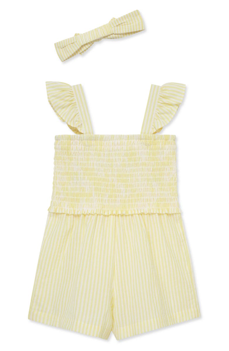 Little Me Stripe Floral Embroidered Cotton Romper & Headband Set, Alternate, color, Yellow