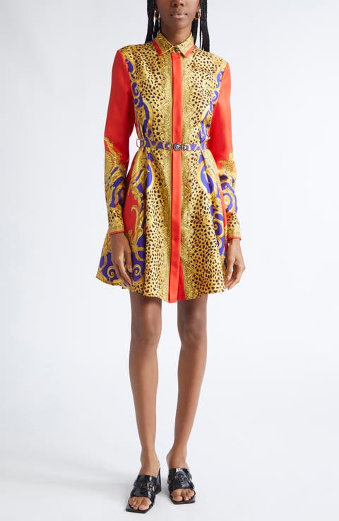 Cheetah Barocco Print Belted Long Sleeve Silk Dress