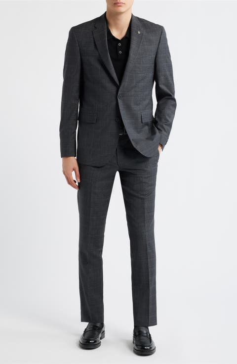 Ross Slim Fit Grey Check Slub Cotton & Wool Blend Suit